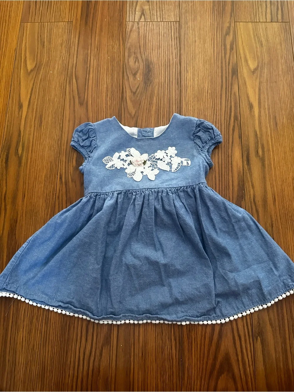 Bonnie Jean Blue Denim-Look Dress with White Floral Appliqué